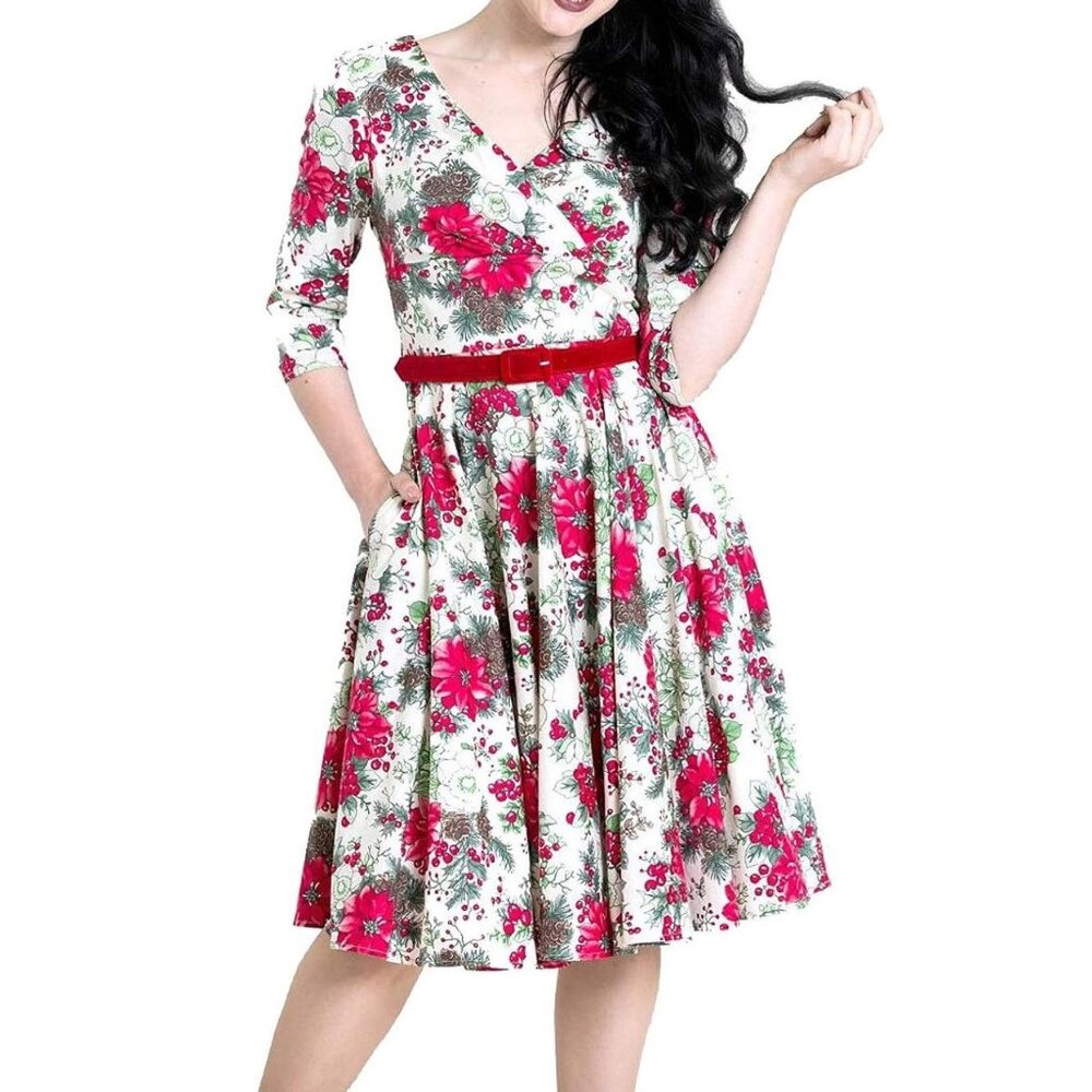 Hell Bunny Festive Poinsettias Midi 50’s Retro Rockabilly Pin-Up Dress Women's L